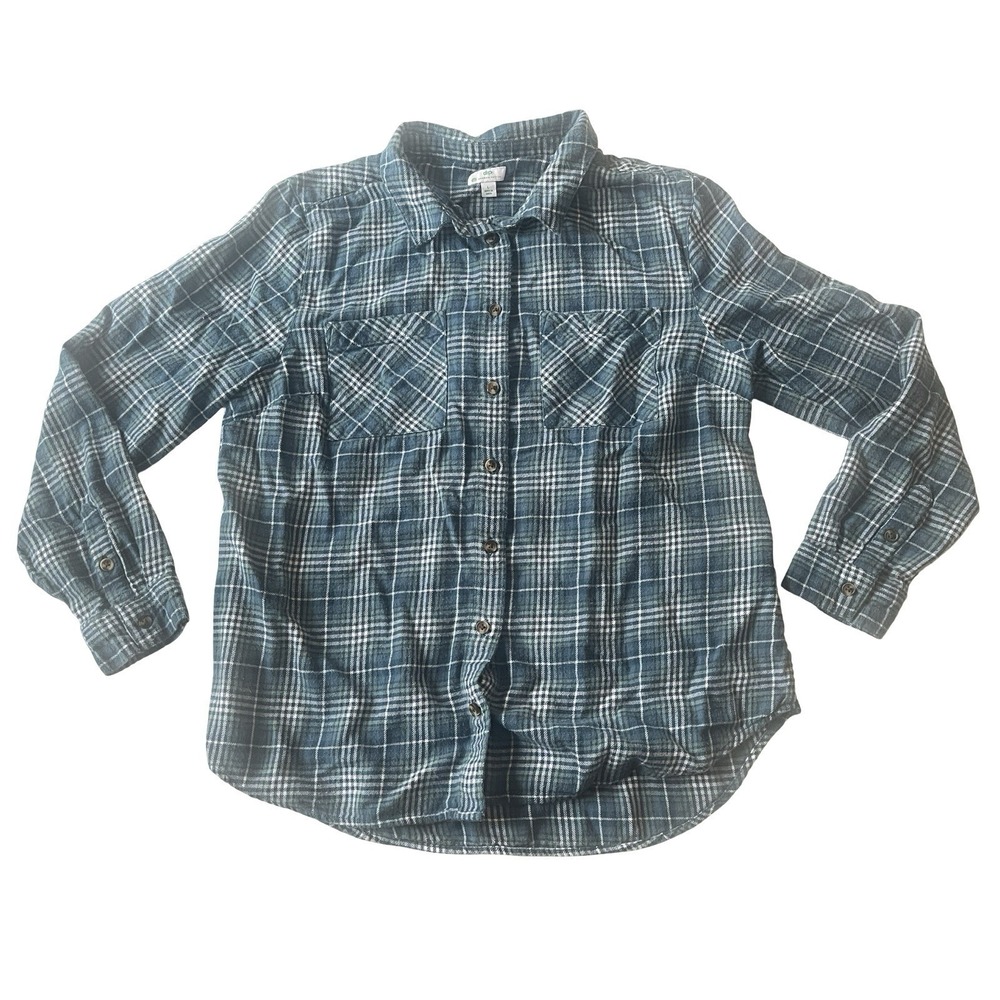 dip Women's Size L Blue White Plaid Button Up 100% Organic Cotton Long Sleeve